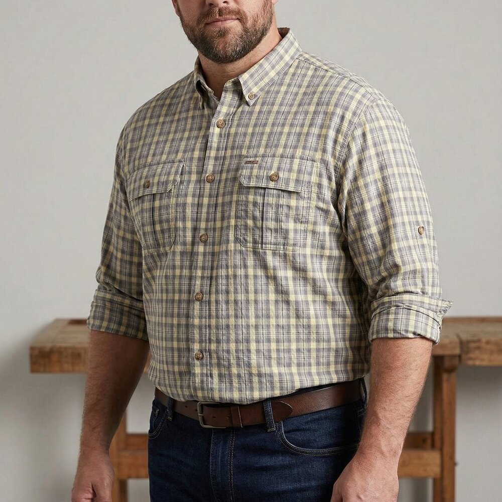 Duluth Trading Co Plaid Shirt Mens XLT Grey Yellow